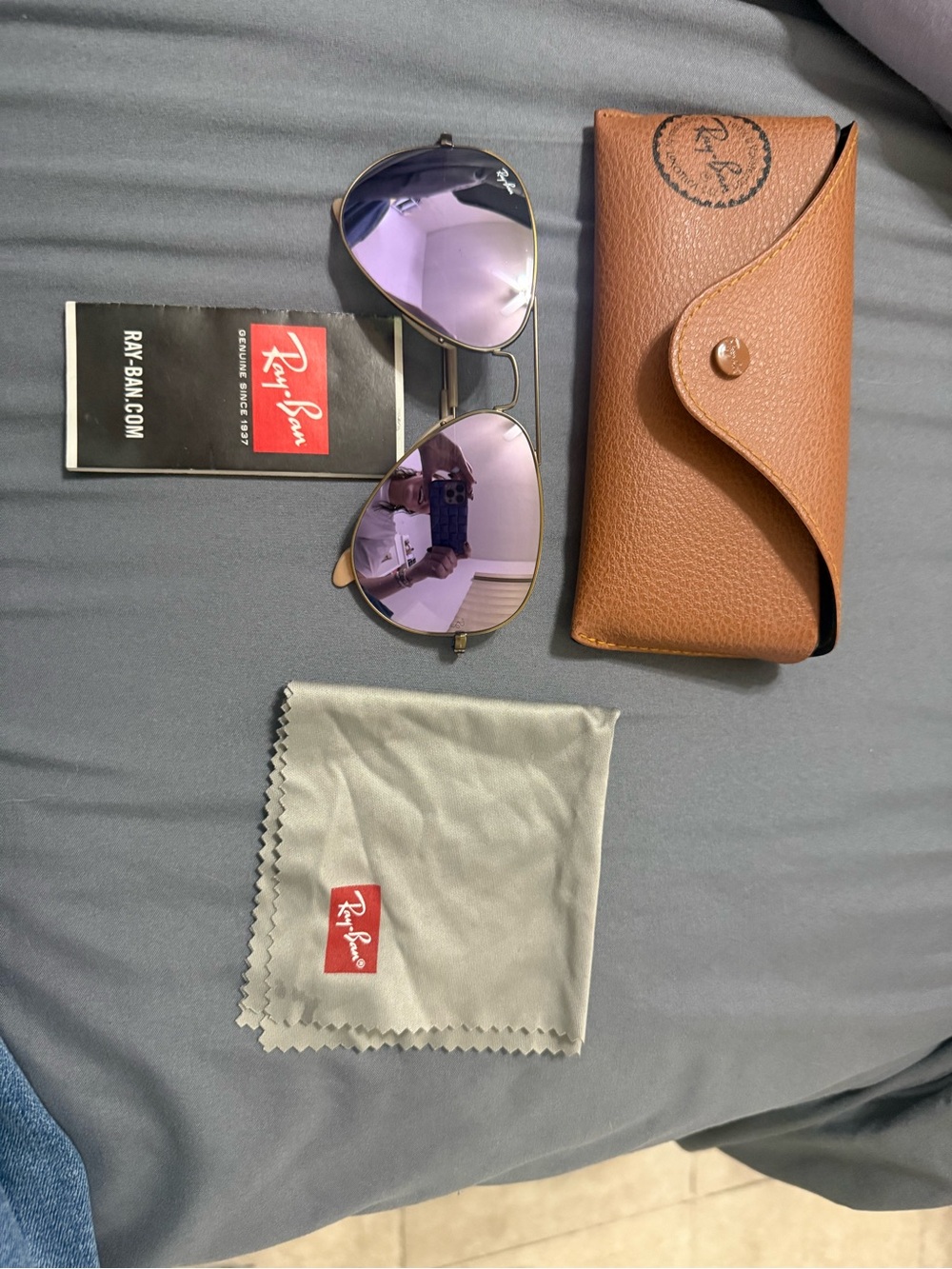 Ray-Ban Women’s Purple Lens Gold Frame Aviator Sunglasses with Brown Case